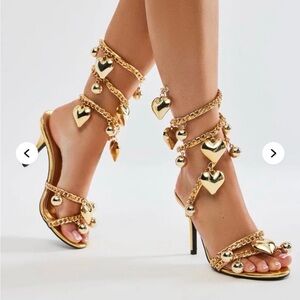 Gold Heart Charm Wrap Stiletto Sandals - Women